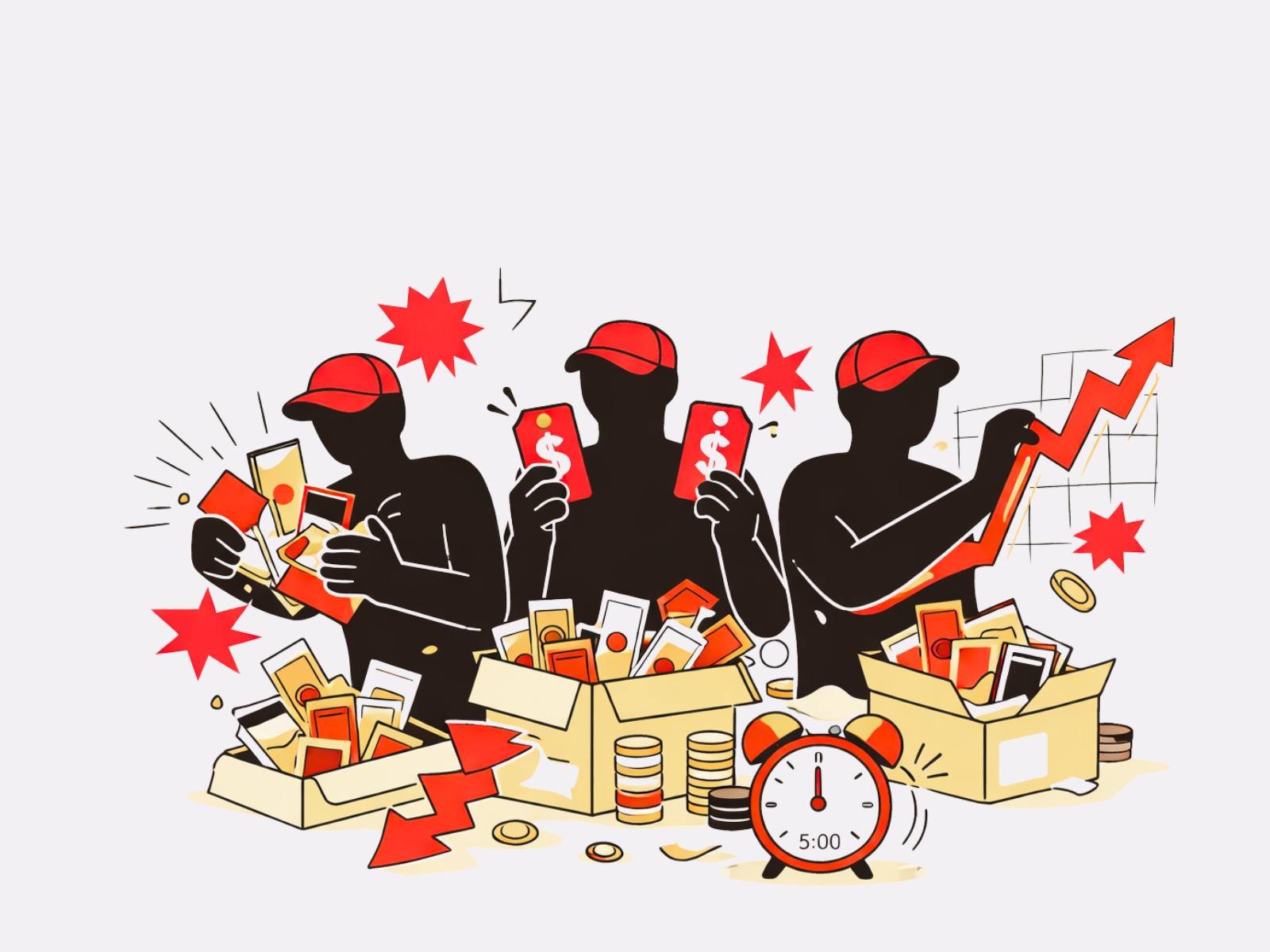 Illustrazione: venditori improvvisati che accumulano box e rincorrono i prezzi
